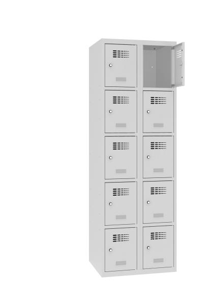 Ein lichtgrauer Fächerschrank mit zwei Abteilen und zehn Fächern mit jeweils einer Tür. Die obere rechte Tür ist geöffnet, während der Schrank vor einem weißen Hintergrund steht
